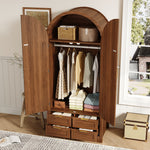 Modern Wardrobe with Curved Doors, Clothes Rail and Drawers, Walnut MDF