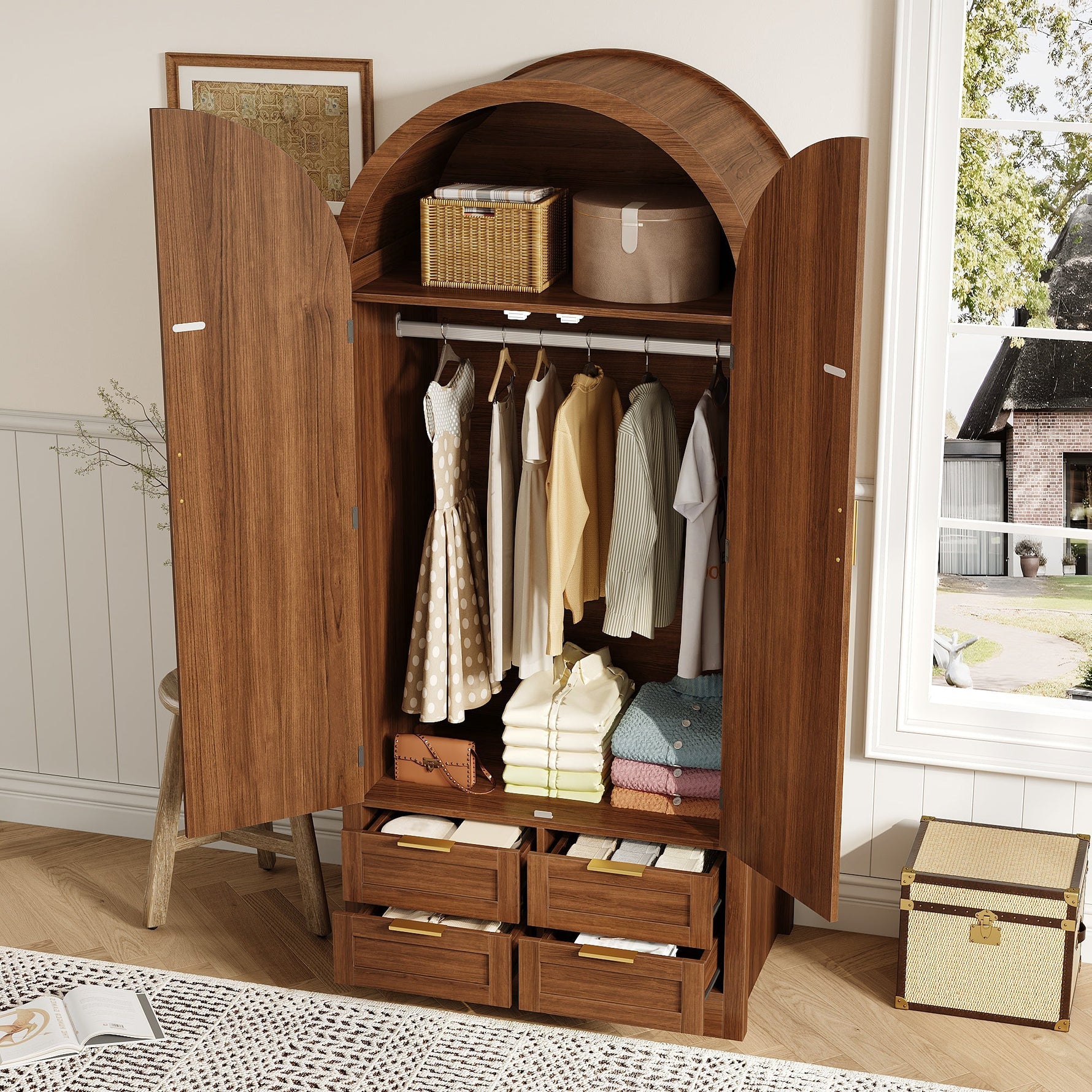Modern Wardrobe with Curved Doors, Clothes Rail and Drawers, Walnut MDF