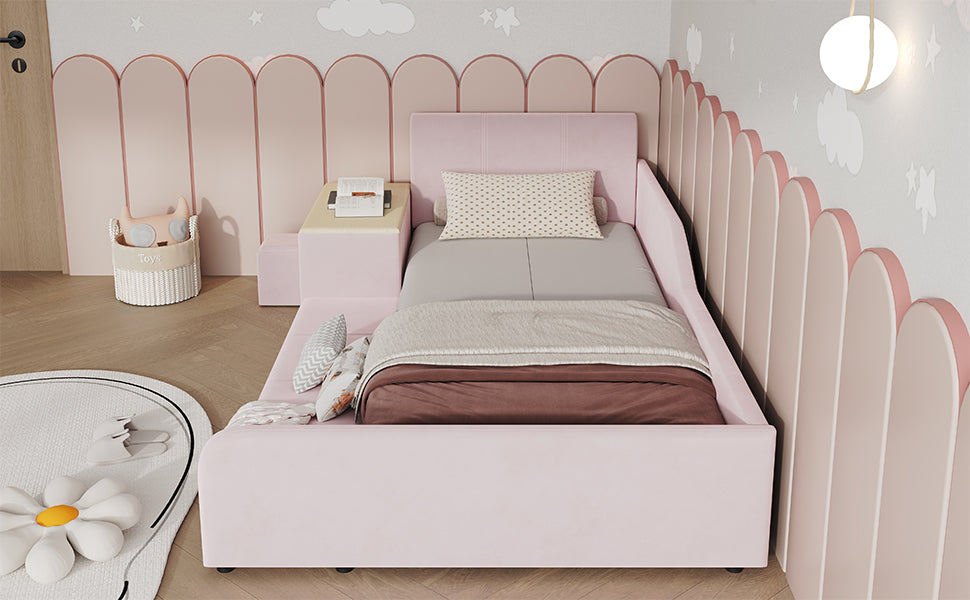 Upholstered Kids Bed Set with Desk & Stool, 90x200cm - Pink Velvet