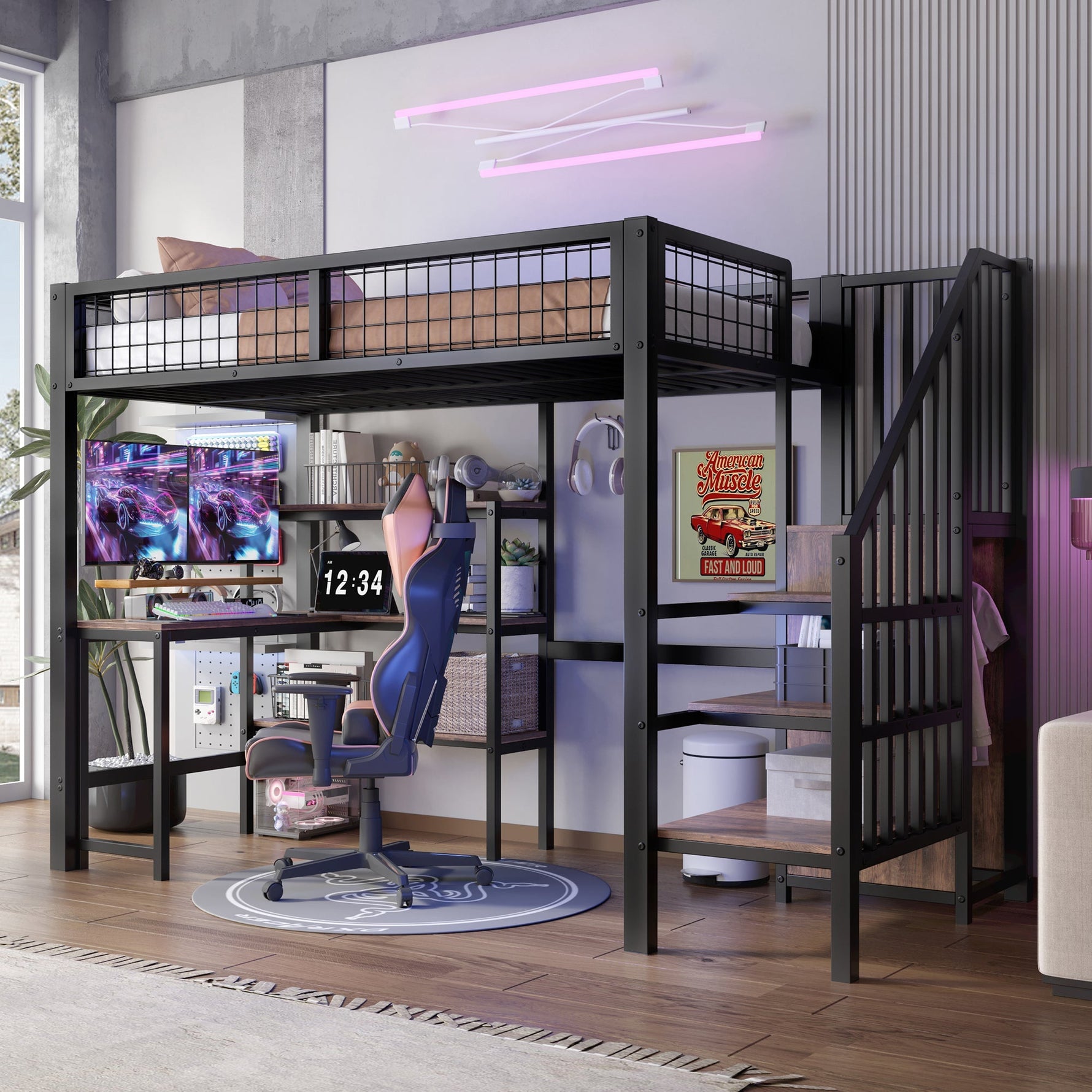 Loft Bed 90*200cm with Desk, Wardrobe and Storage Shelves, Black Iron and MDF