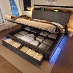 Upholstered Bed 180x200cm with Hydraulic Storage & LED, Grey Linen