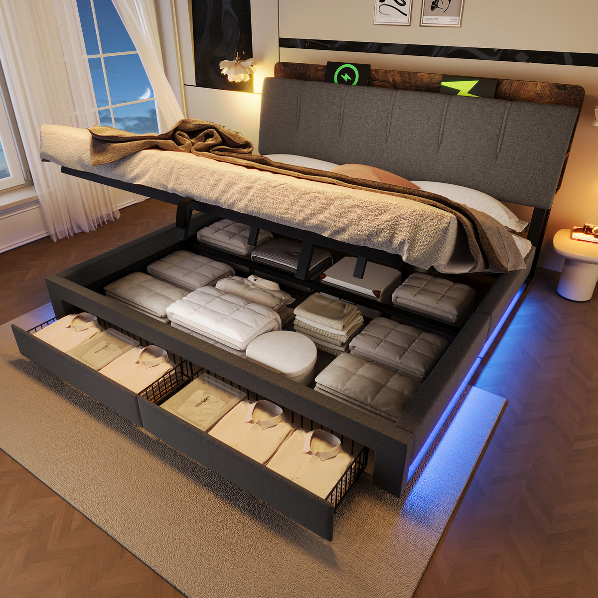 Upholstered Bed 180x200cm with Hydraulic Storage & LED, Grey Linen
