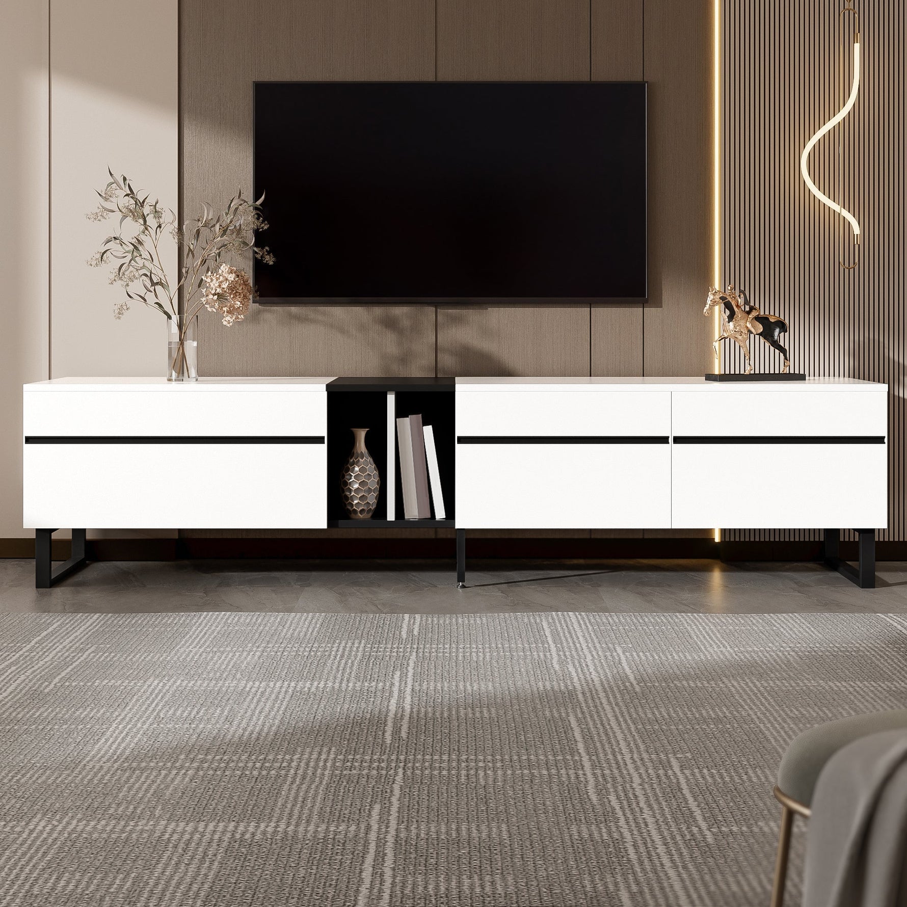 TV Stand 180cm Drop-Down Open Shelves Double Doors - White