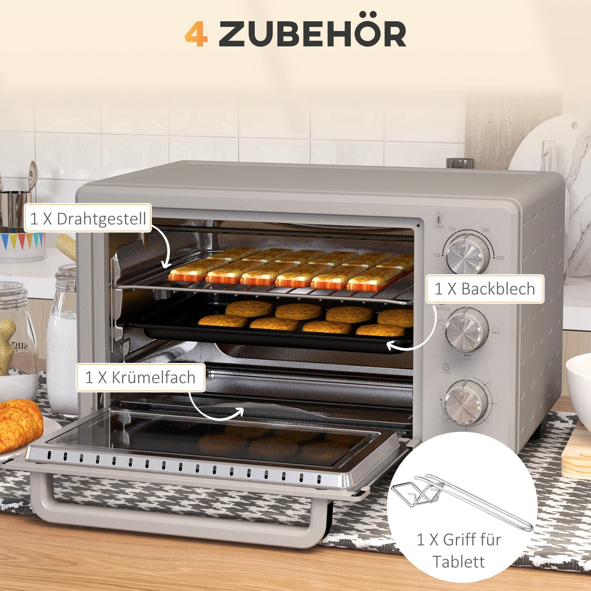Small Oven 21L 100°C-230°C 3 Cooking Modes Stainless Steel Silver