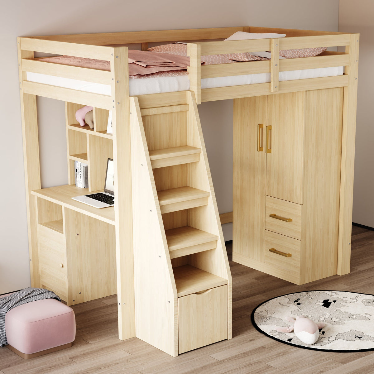 Wardrobe 70x40x135cm Double Door Drawers Storage Wood Color