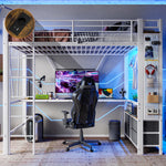 Loft Bed 90x200cm with Desk, Shelves & Drawers, White Iron Frame