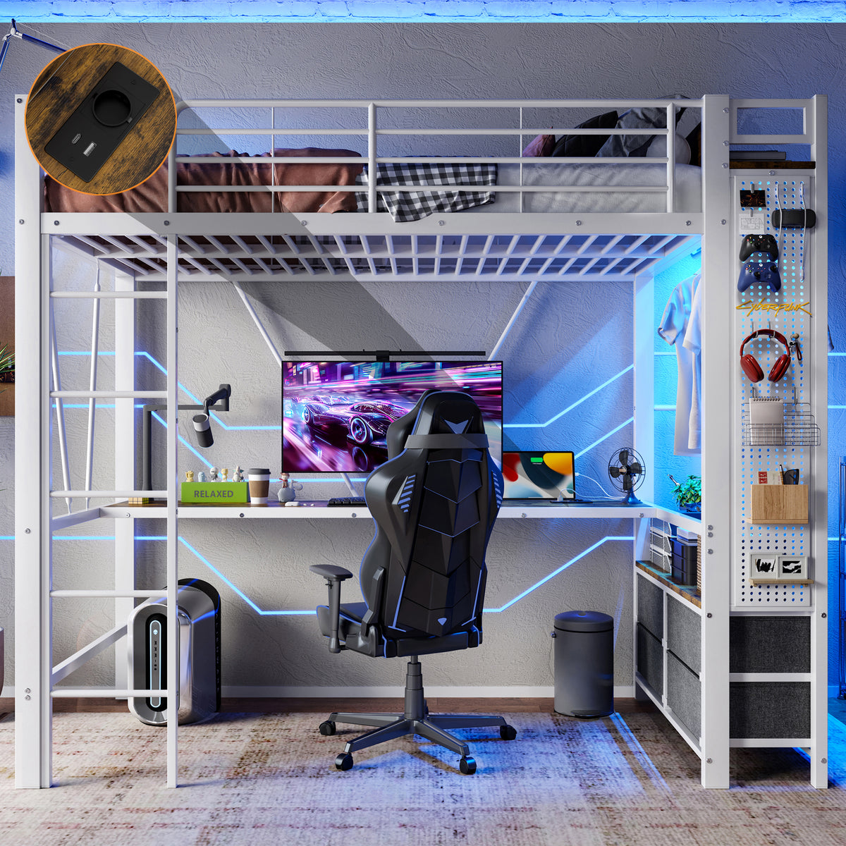 Loft Bed 90x200cm with Desk, Shelves & Drawers, White Iron Frame