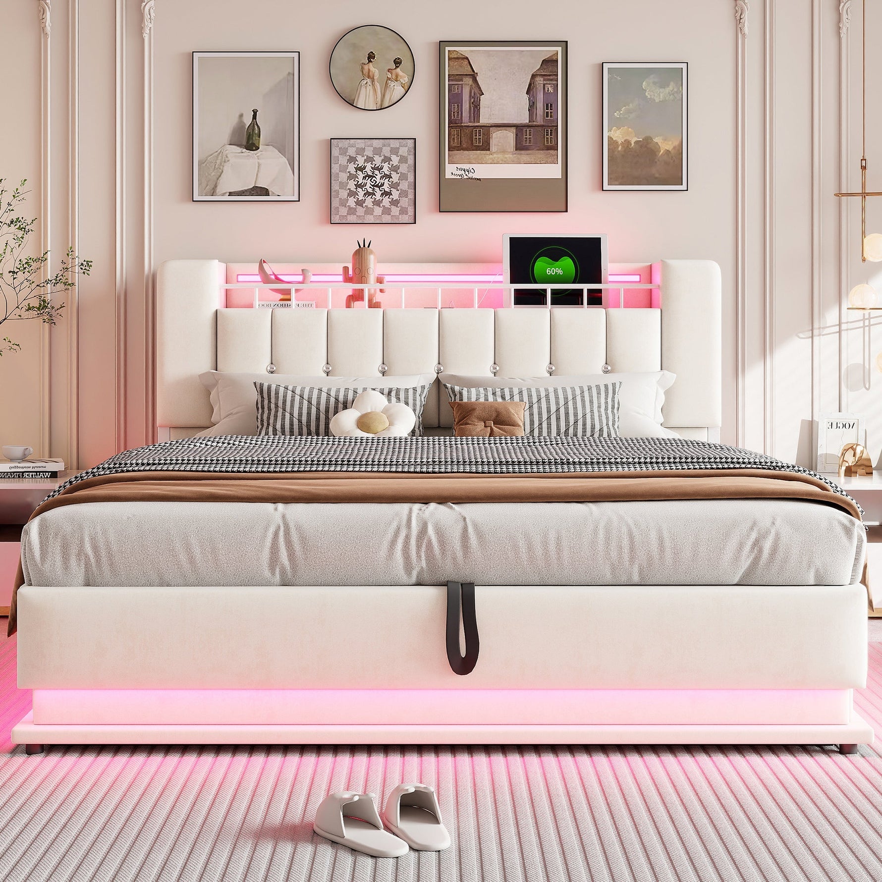 Smart Upholstered Bed with LED, USB and Hydraulic Storage, Beige Velvet