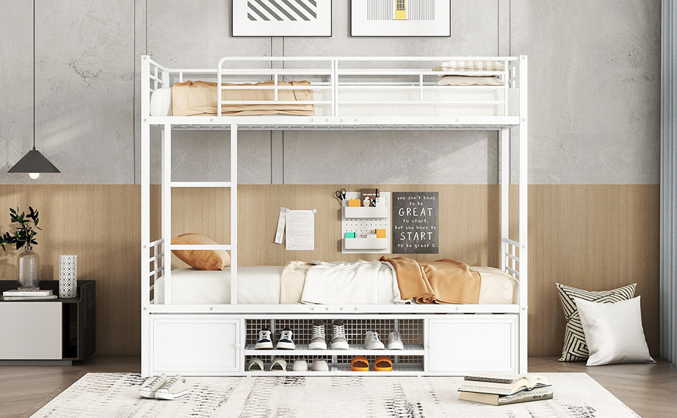 Iron Bunk Bed with Storage, Ladder, and Safety Rail, 90x200cm White