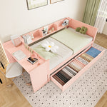 Wooden Single Bed 90x200 with Desk, Drawers & Shelves, Pink
