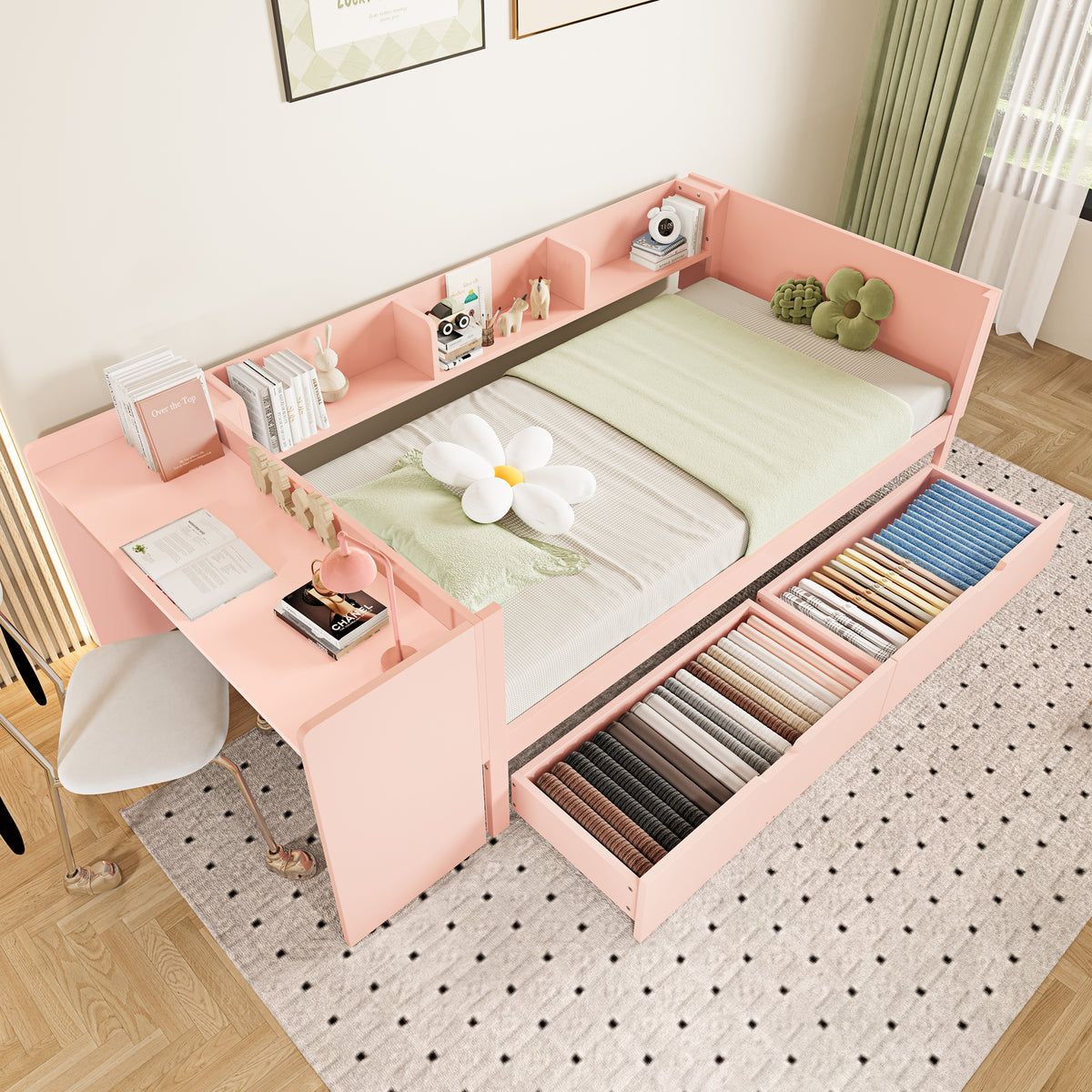 Wooden Single Bed 90x200 with Desk, Drawers & Shelves, Pink