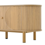 Modern TV Cabinet, Rattan Drawers Open Compartments Rounded Top, Wood Look Metal Legs