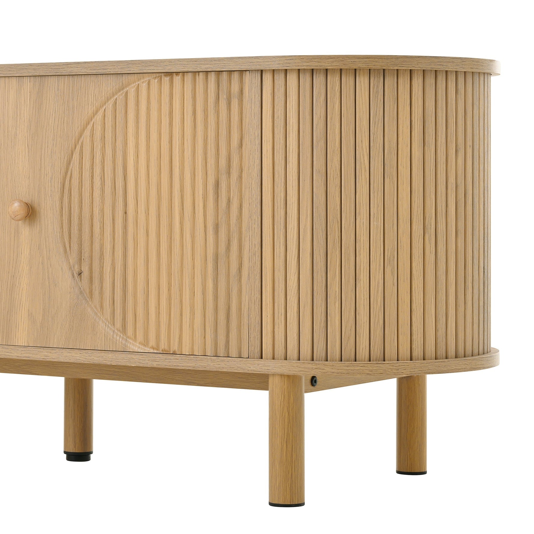 Modern TV Cabinet, Rattan Drawers Open Compartments Rounded Top, Wood Look Metal Legs