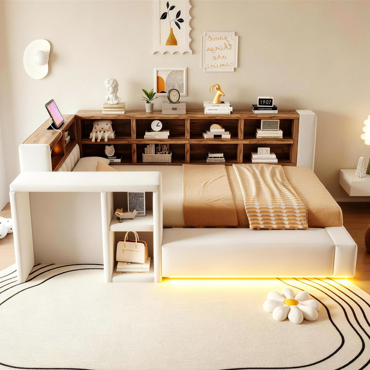 Upholstered Bed 90x200cm with Storage & LED Light, Beige