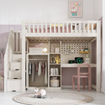Children's Loft Bed with Desk, Wardrobe, Ladder Cabinet and USB Ports, 90x200cm, White Wood