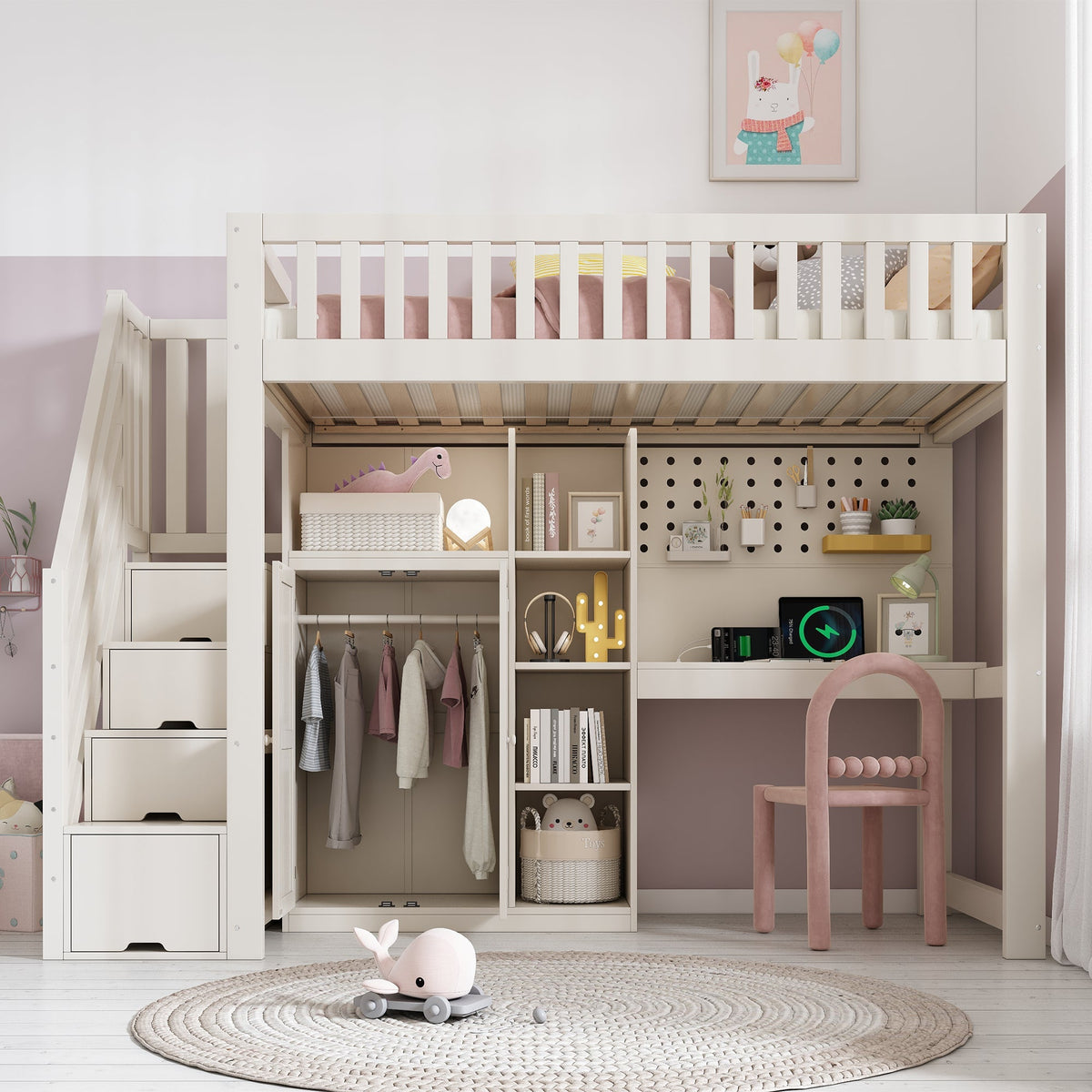 Children's Loft Bed with Desk, Wardrobe, Ladder Cabinet and USB Ports, 90x200cm, White Wood