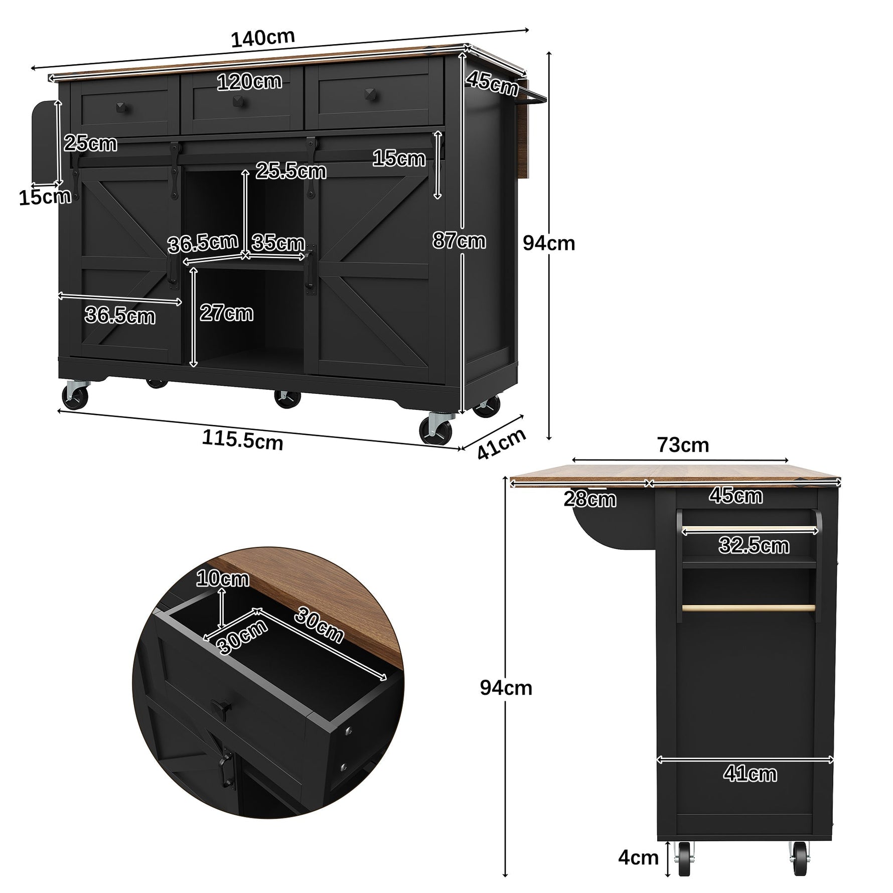 Mobile Kitchen Island Extendable Countertop 2 Sliding Doors 3 Drawers Wood Grain - Black