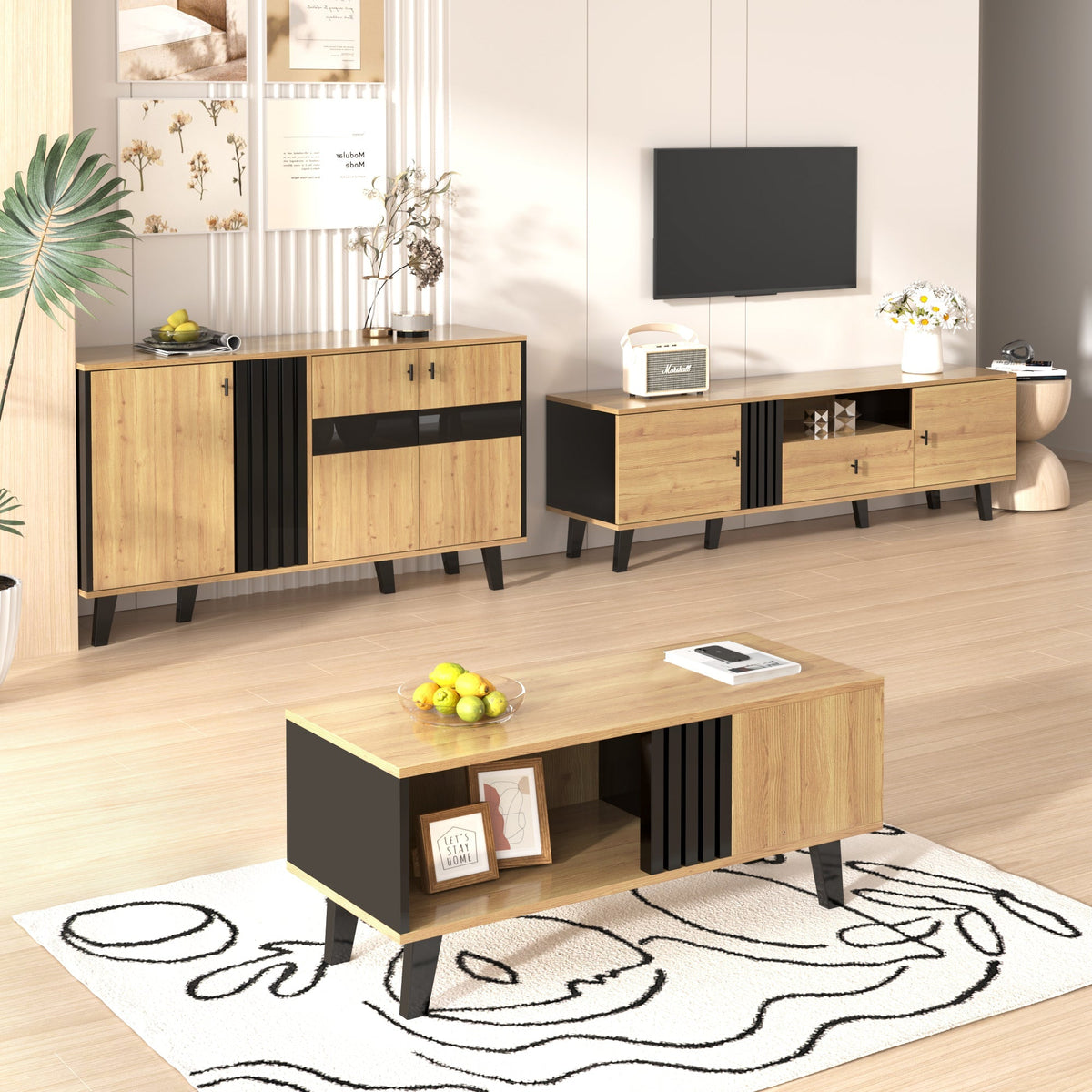 Living Room Furniture Set - Coffee Table, TV Cabinet & Sideboard, Modern, Wood & Black