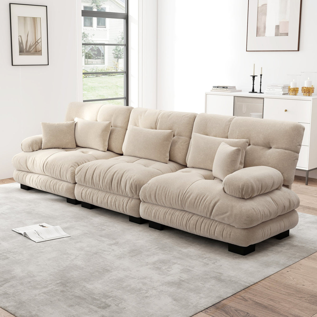 Modular Corner Sleeper Sofa 3-Seater Deep Seat Chenille Light Brown