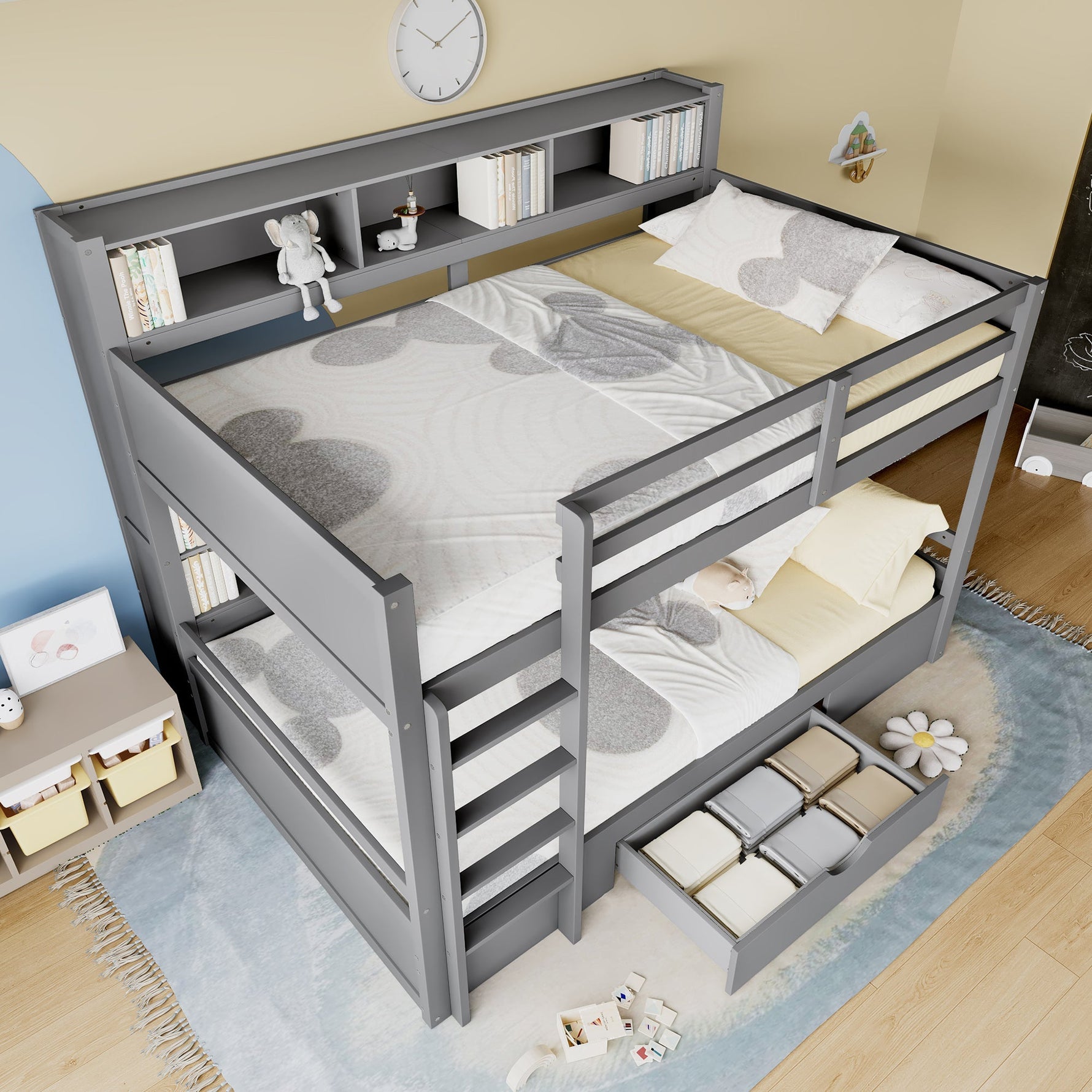 Bunk Bed 90x200cm Single Bed with Drawers Storage Without Mattress Grey