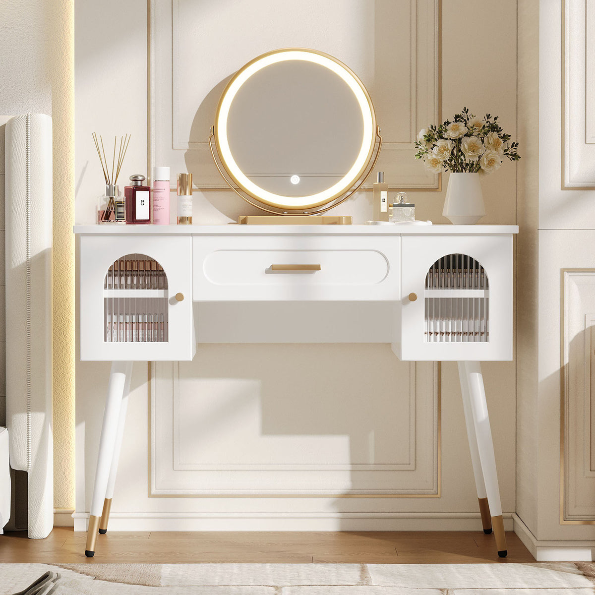 LED Dressing Table with Mirror, 1 Drawer & 2 Doors, White