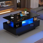 Coffee Table, Modern High-Gloss with LED & 2 Drawers, White