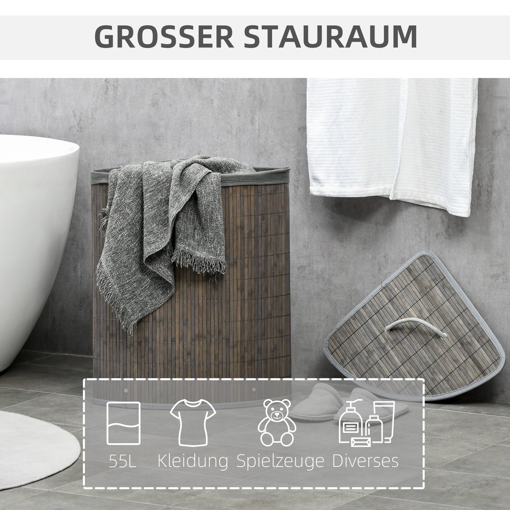 Laundry Basket 55L with Lid and Removable Bag, Grey Bamboo