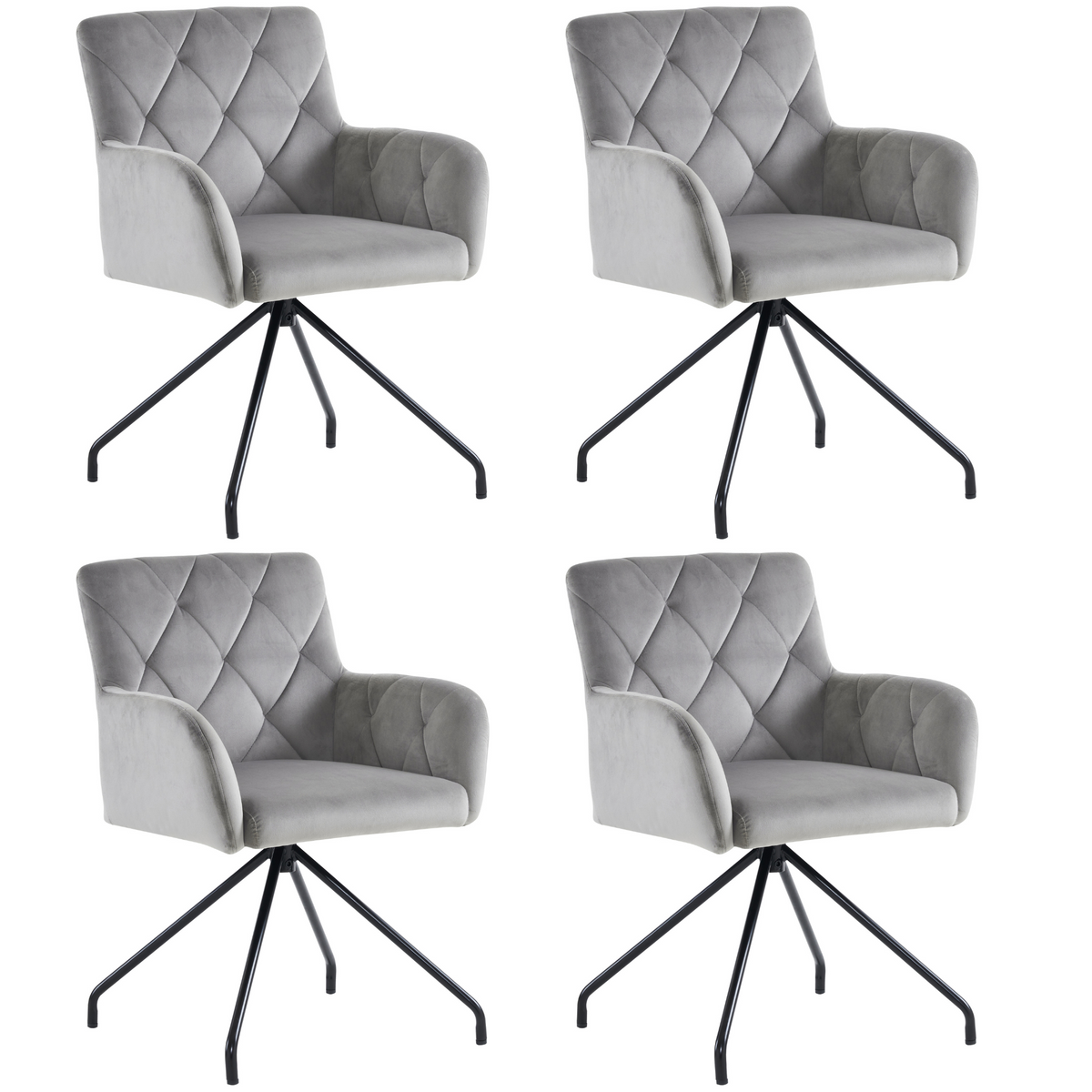 Dining Chairs Set of 4 with Diamond Pattern and Lumbar Support, Light Grey Velvet