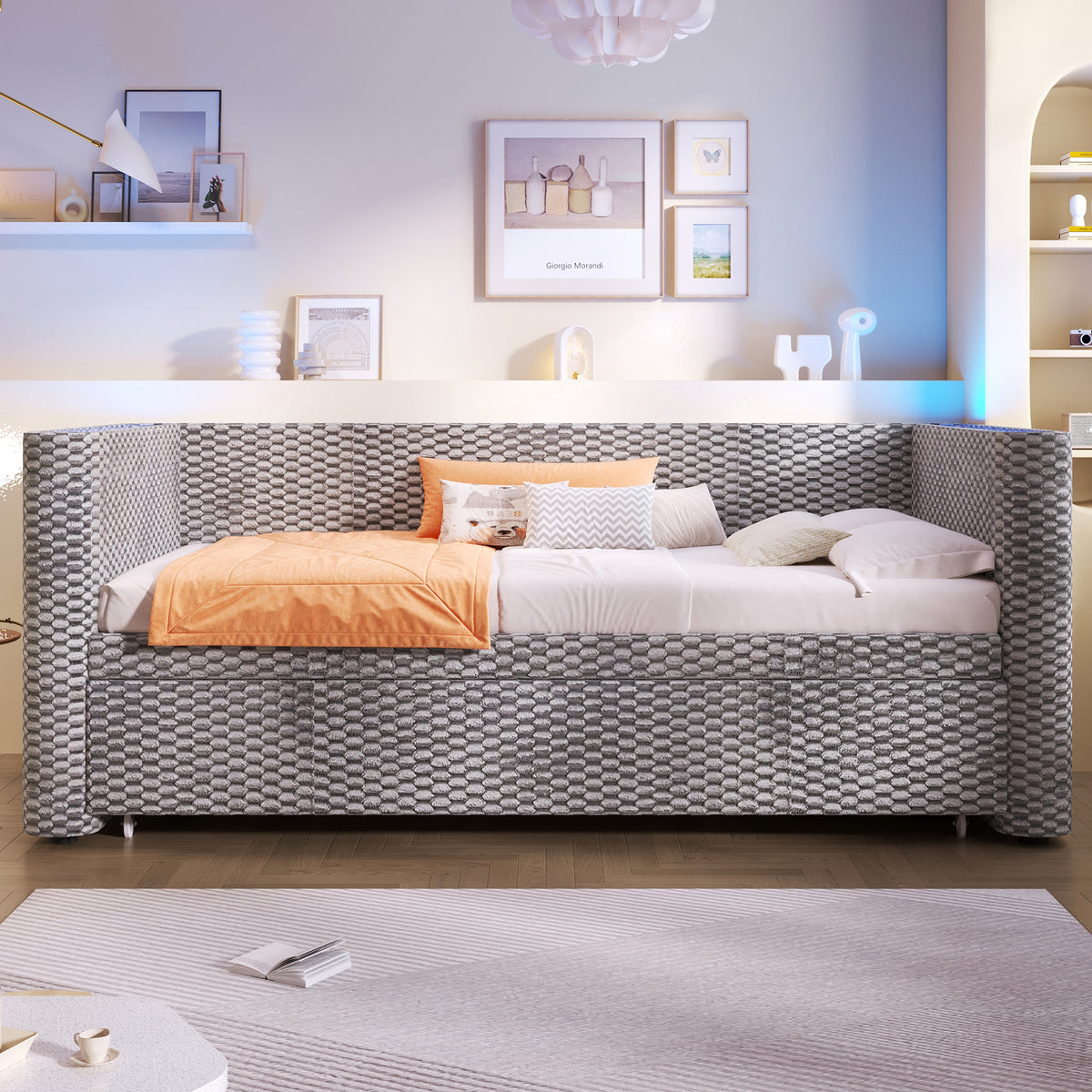 Daybed Sofa Bed, Pull-out LED Light 90/180x200cm, Grey Velvet