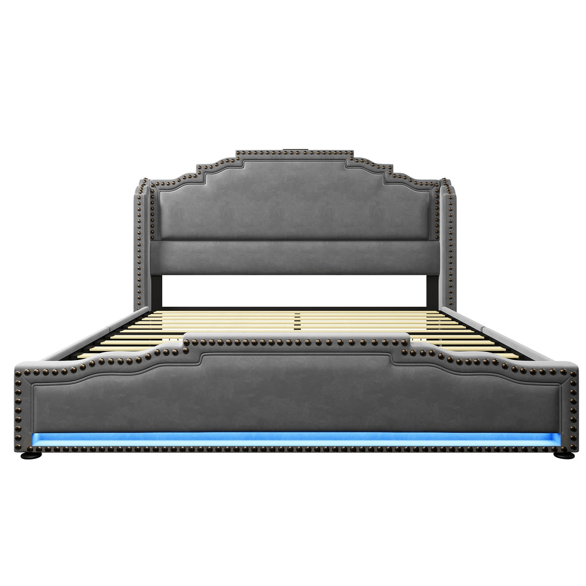 Upholstered Bed 140x200, Double with 4 Drawers, LED & USB-C, Velvet Grey