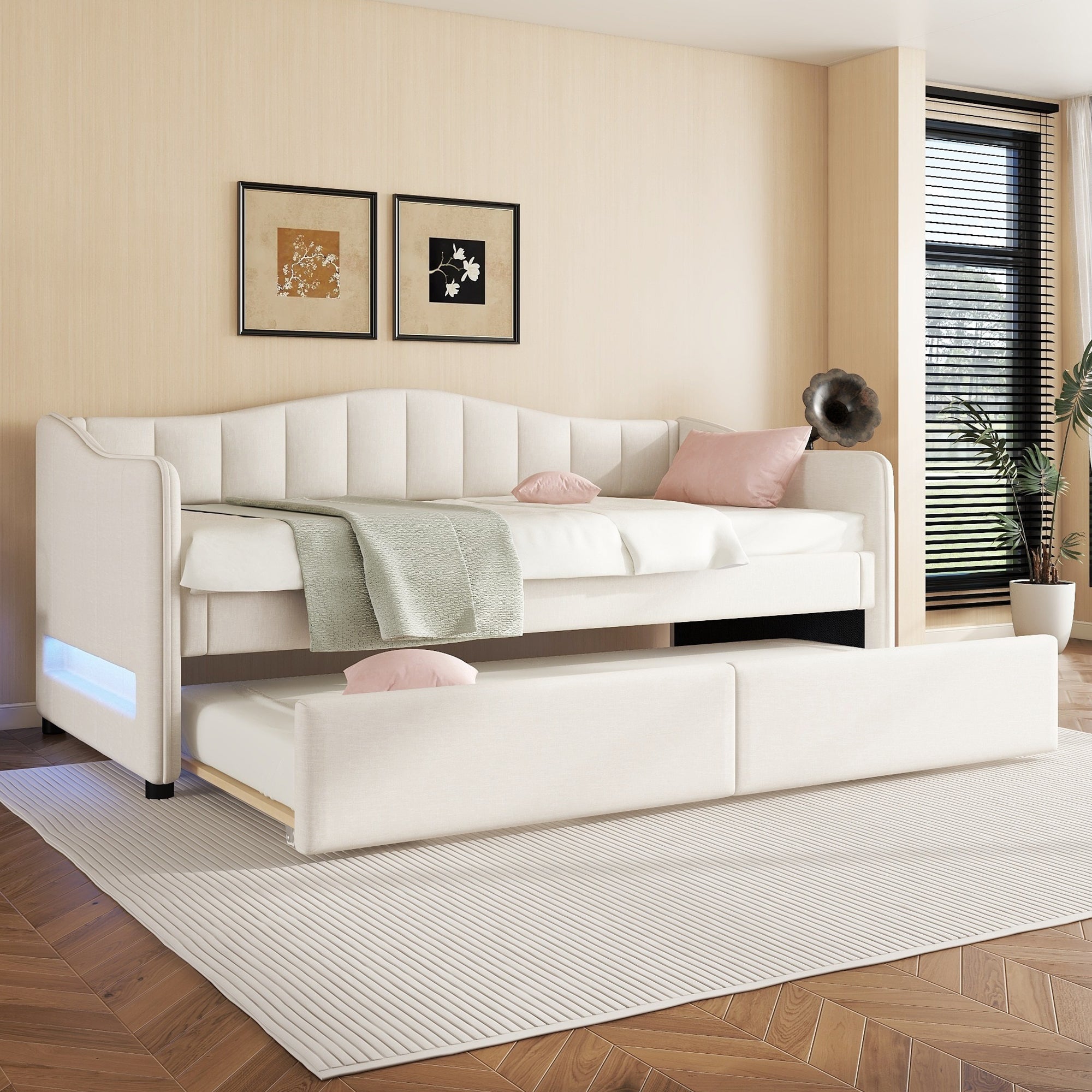 Daybed with Pull-Out Trundle Bed and LED Lighting, 90x200cm, Beige Linen