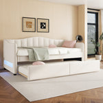 Daybed with Pull-Out Trundle Bed and LED Lighting, 90x200cm, Beige Linen