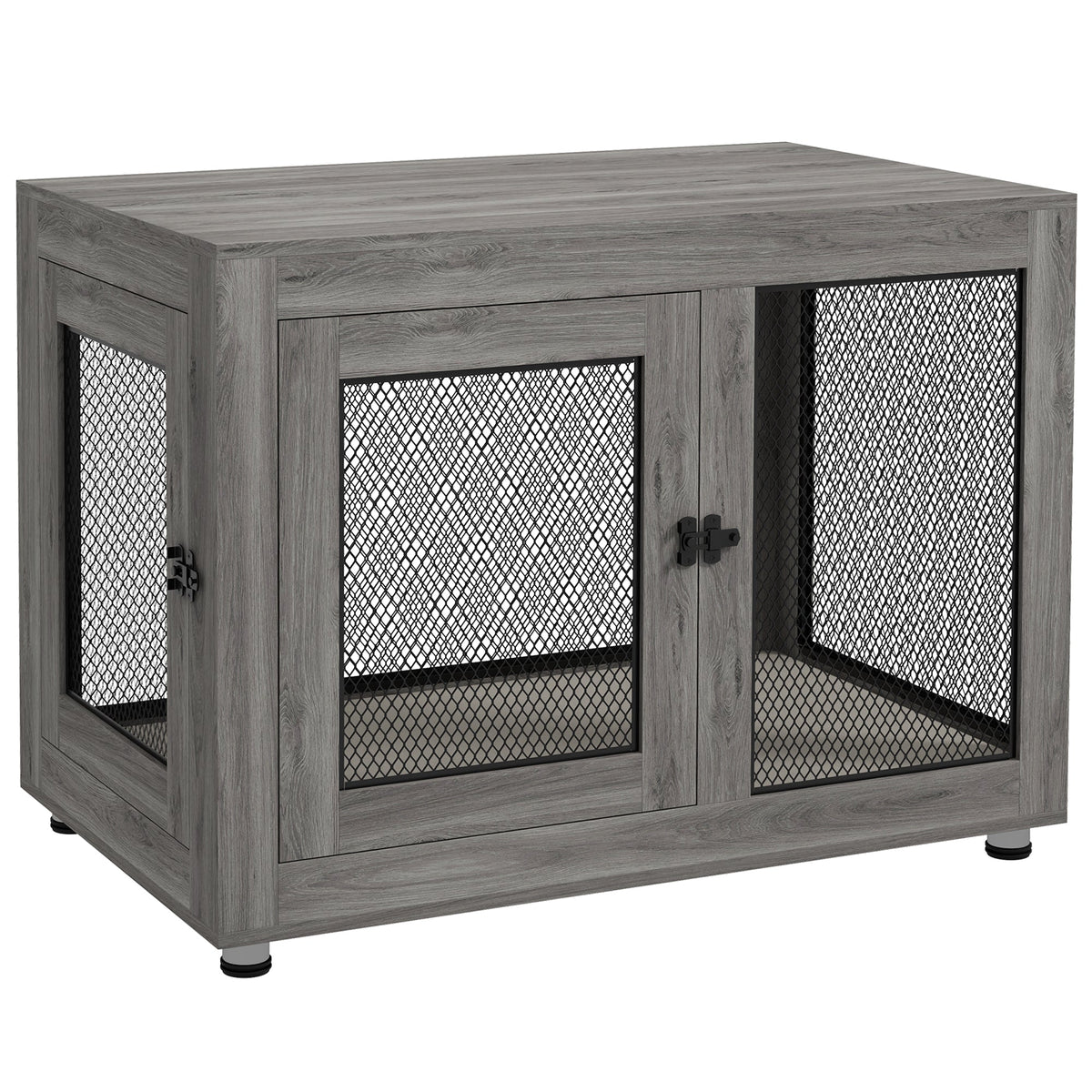 Dog Cage, 2 Doors, Washable Cushion, Adjustable Feet, Grey