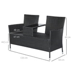 Polyrattan Garden Bench with Table, 2-Seater, Steel, Black