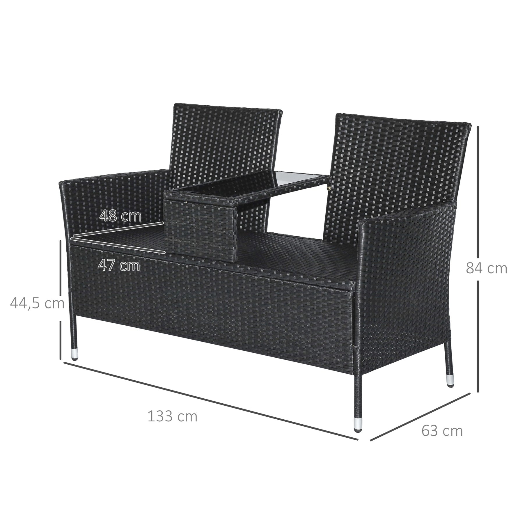 Polyrattan Garden Bench with Table, 2-Seater, Steel, Black