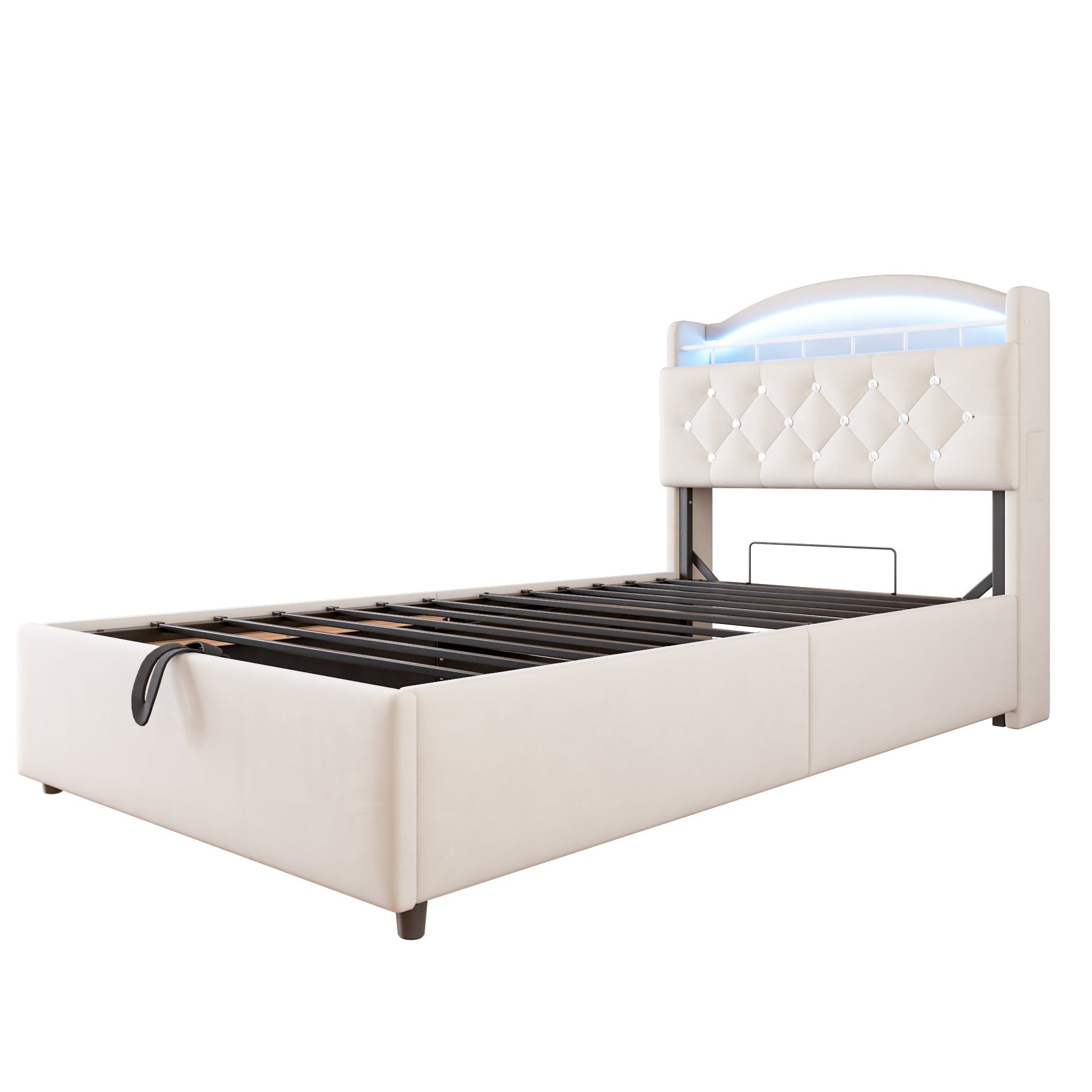 Children's Upholstered Bed 90x200, Multifunctional with Storage, LED & USB, Velvet Beige