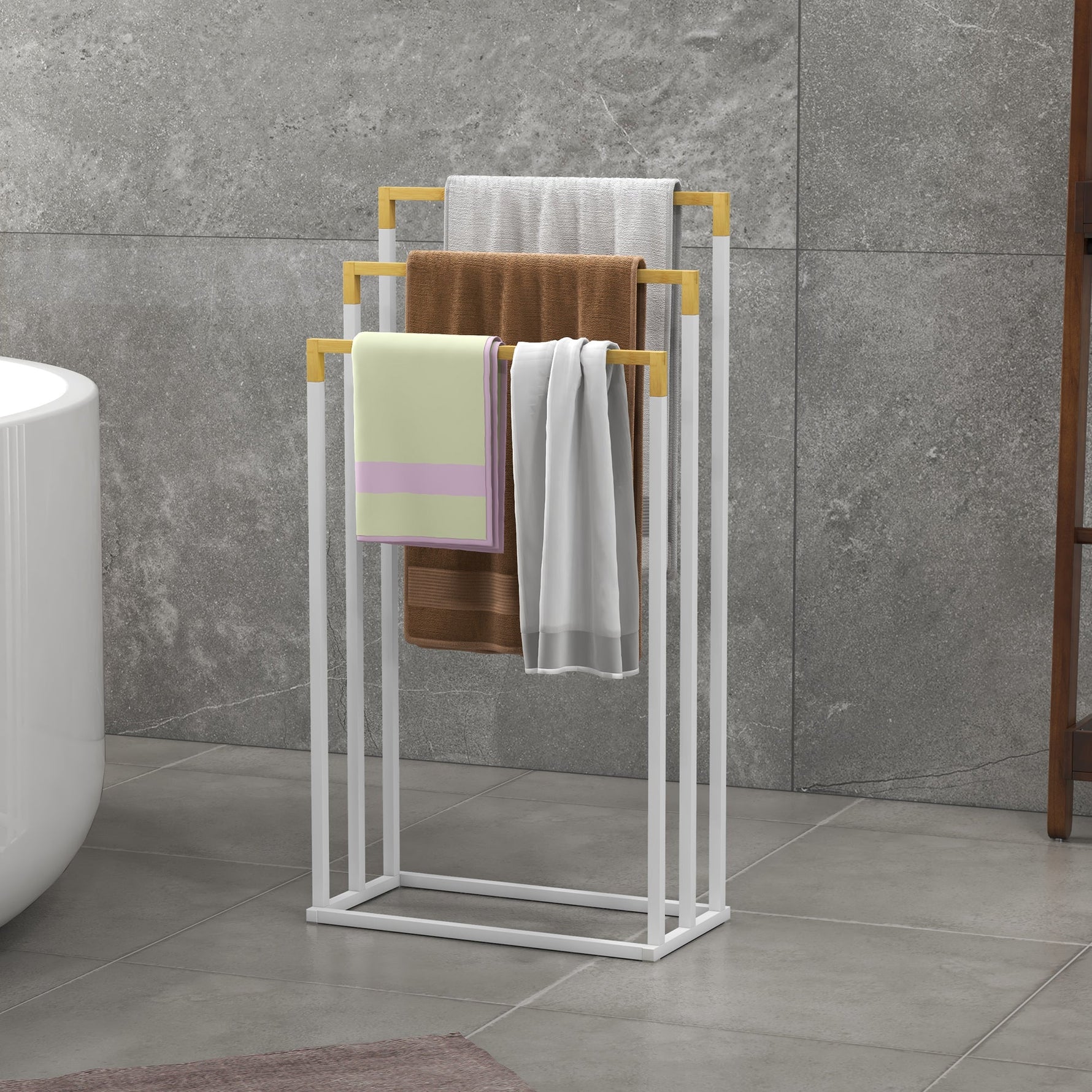 Freestanding Towel Rack, 3 Bars Bathroom Towel Holder, Steel and Bamboo, White