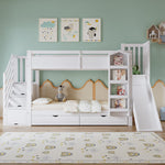 Bunk Bed with Slide, Stair Storage, Bookshelf and Drawers, 90x200cm, White Pine + MDF