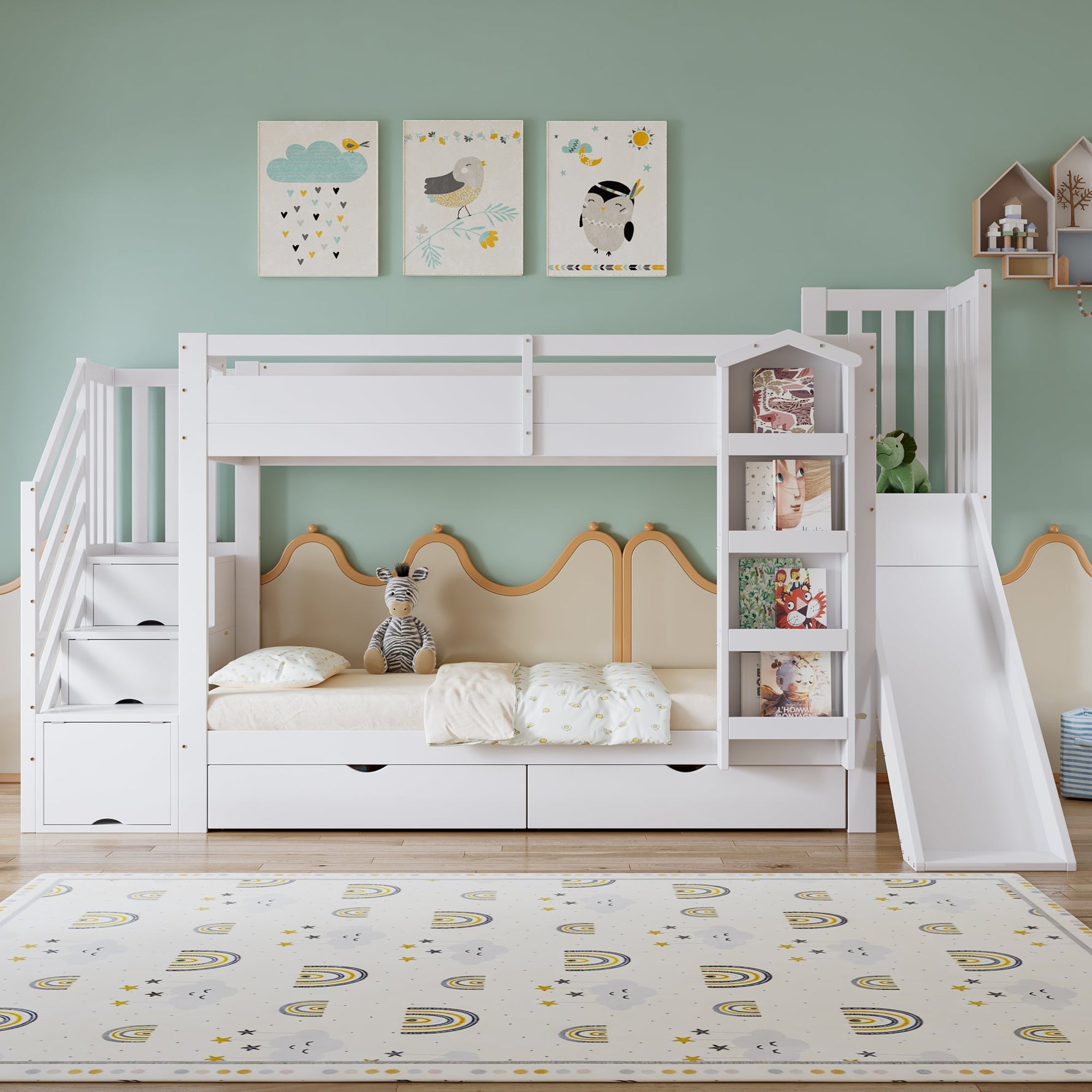 Bunk Bed with Slide, Stair Storage, Bookshelf and Drawers, 90x200cm, White Pine + MDF