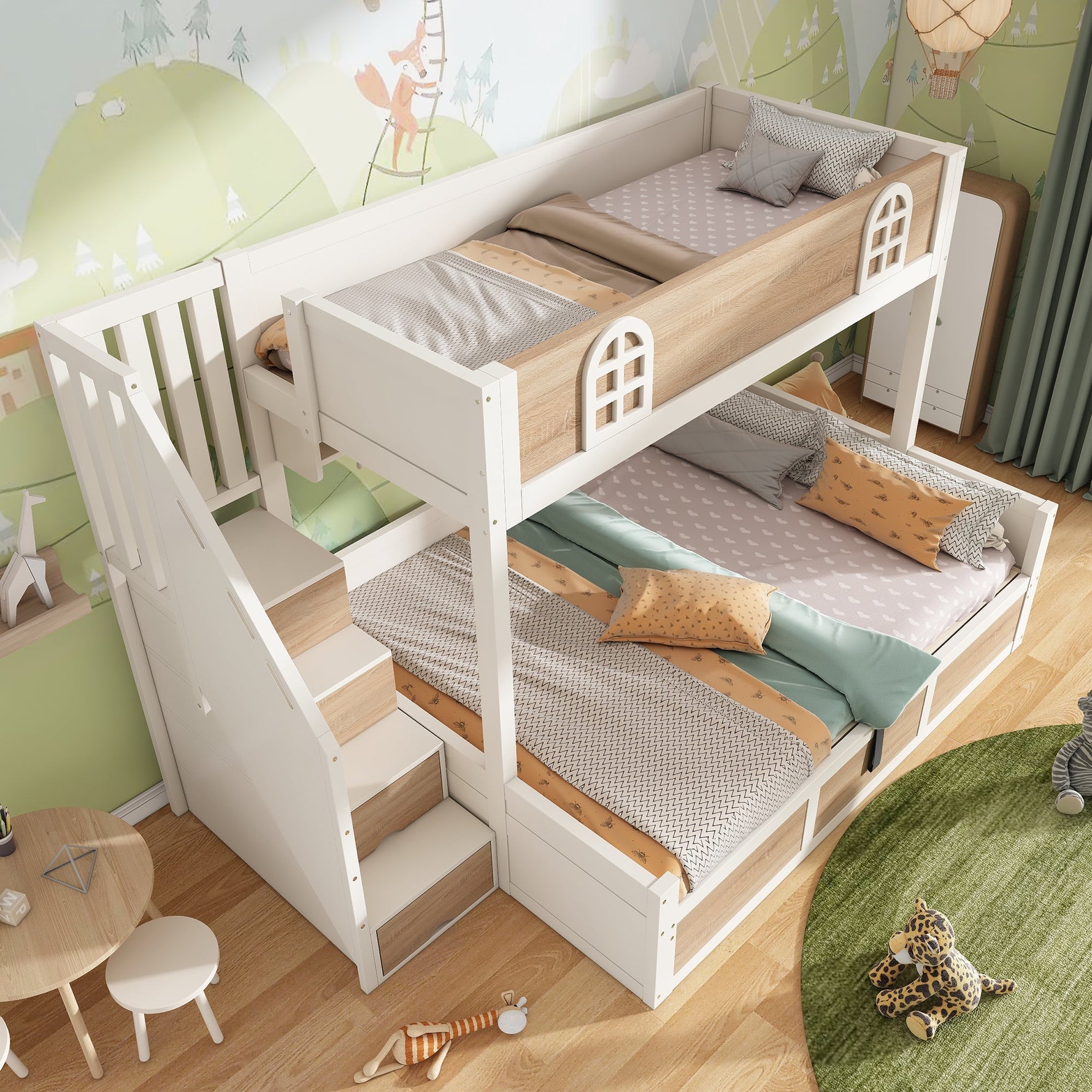Children's Bunk Bed with Hydraulic Storage and Staircase Wardrobe, 90x200 and 140x200 cm, White and Natural Wood