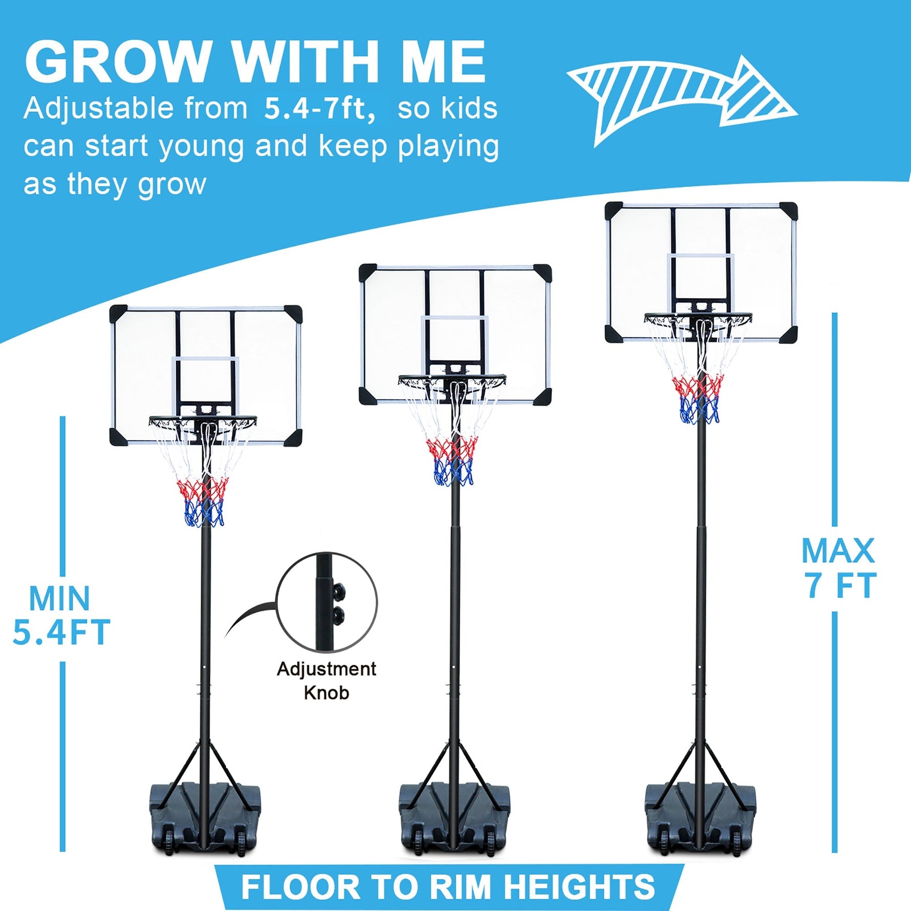 Portable Basketball Hoop, Adjustable Height, Indoor/Outdoor, with Wheels