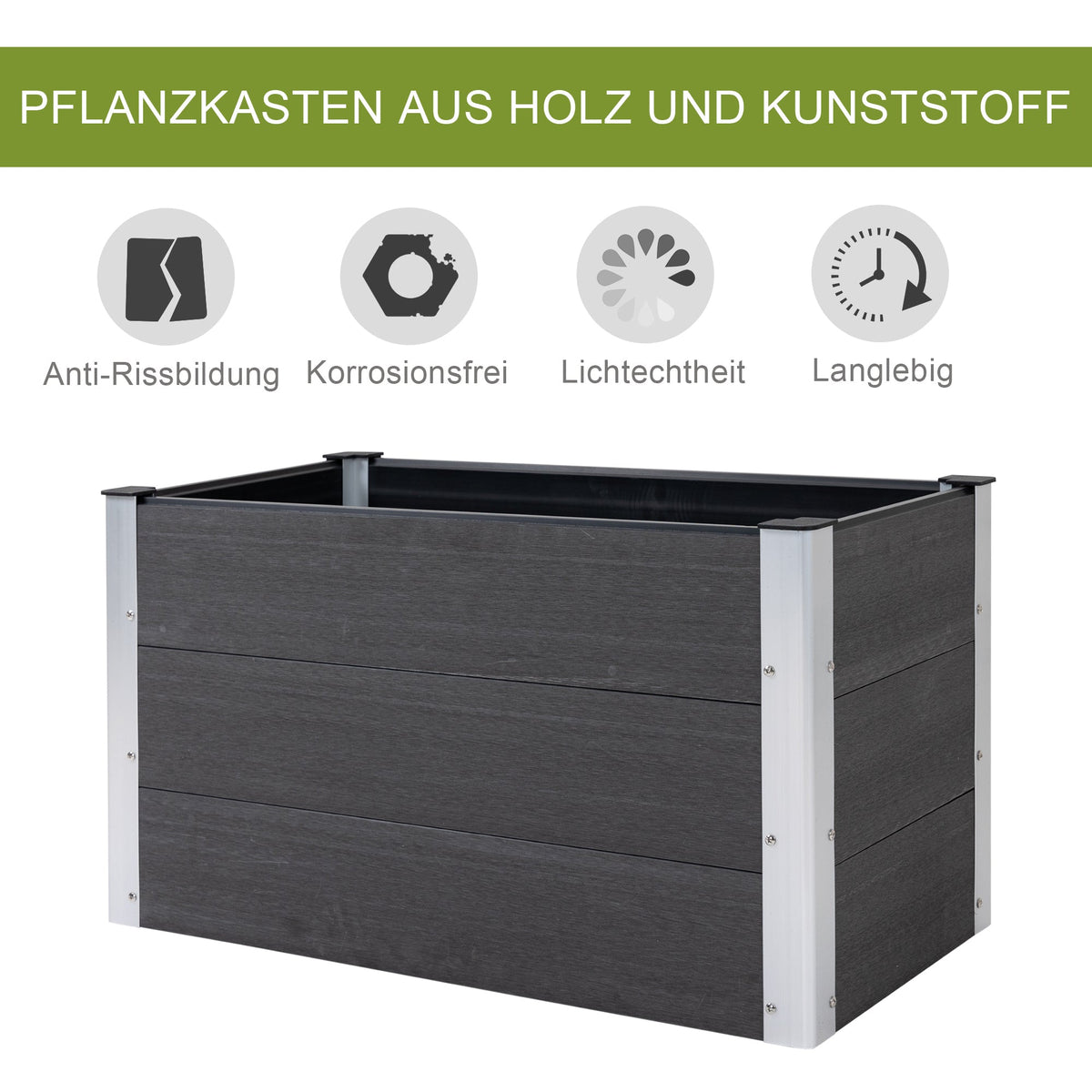 Raised Garden Bed Planter, Weatherproof WPC/Aluminum, 100x50x50cm, Grey
