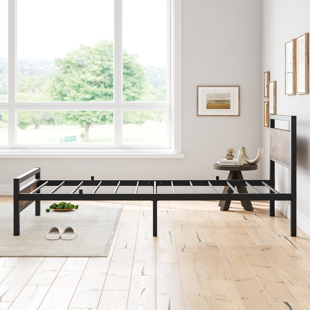 Bed Frame 140x200 cm with Slatted Base & Storage, Metal & Wood