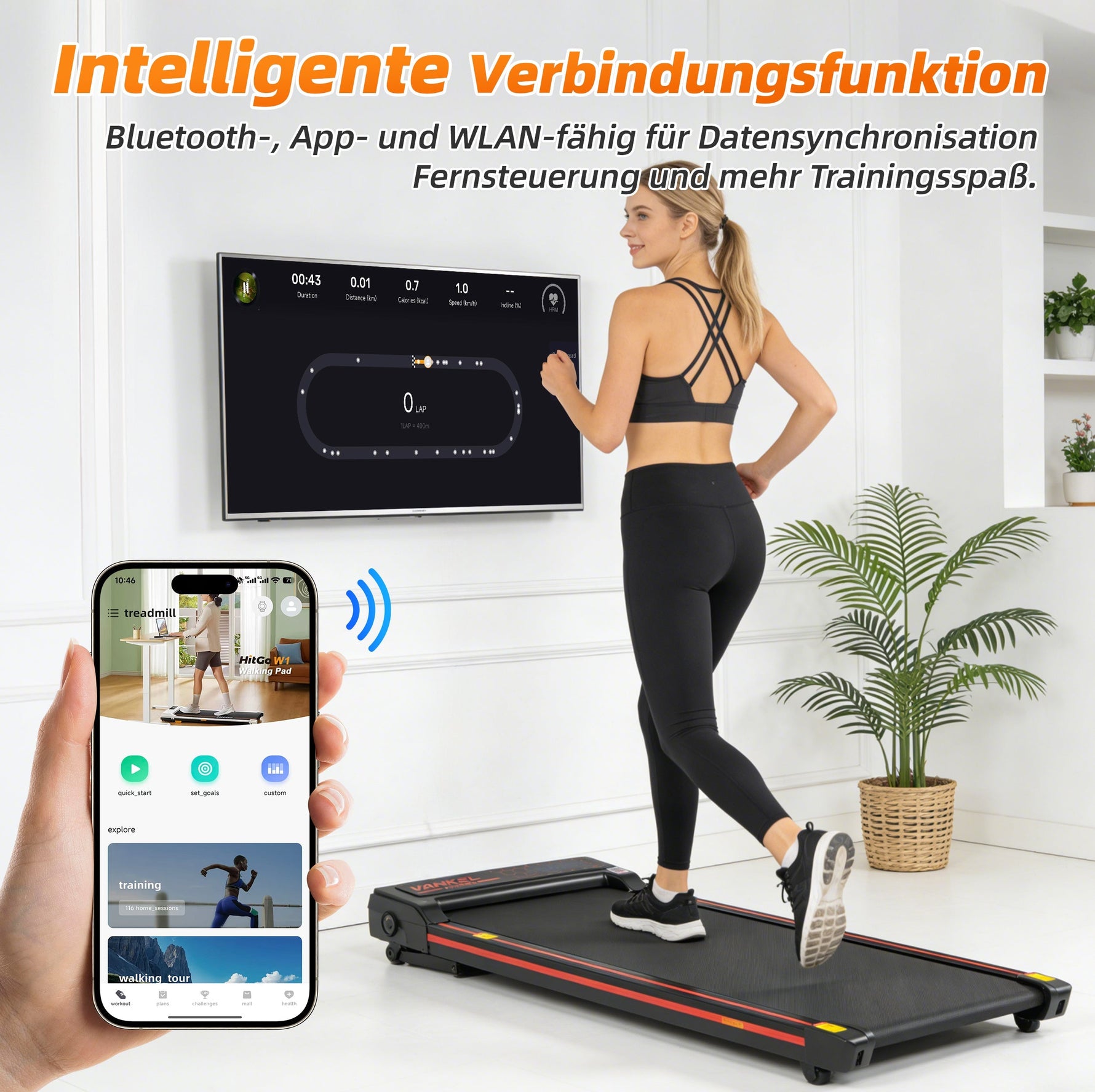 Walking Pad Treadmill, 1-6 km/h Electric 2-in-1 with App and LED Display, Incline Adjustment