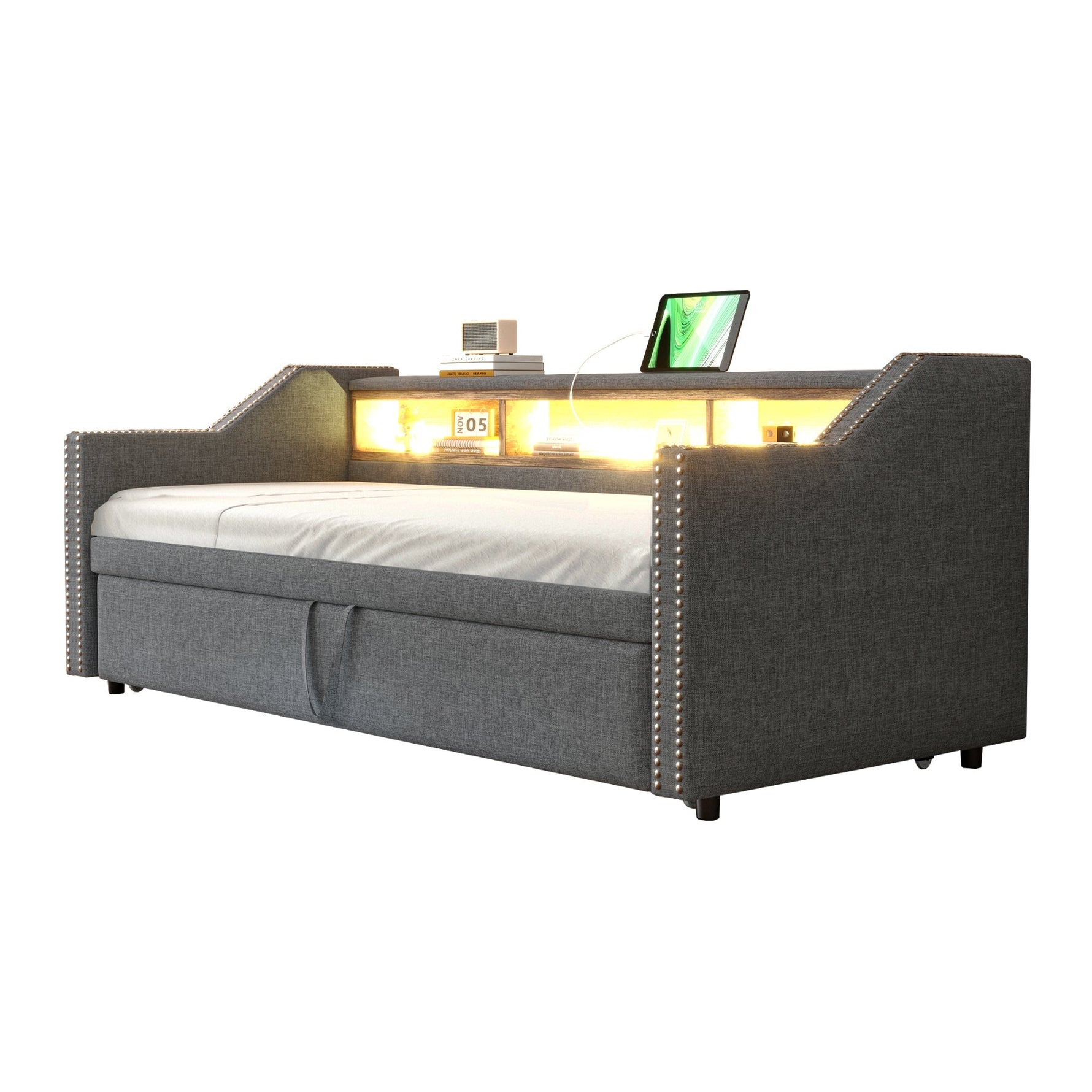 Upholstered Bed Pull-Out Sofa Bed 90/180 x 190 cm with LED & USB, Dark Grey
