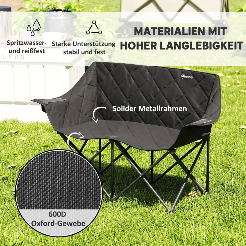 Folding Chair, 2-Seater Camping with Cooler Bags, 250 kg Load, Padded, Metal
