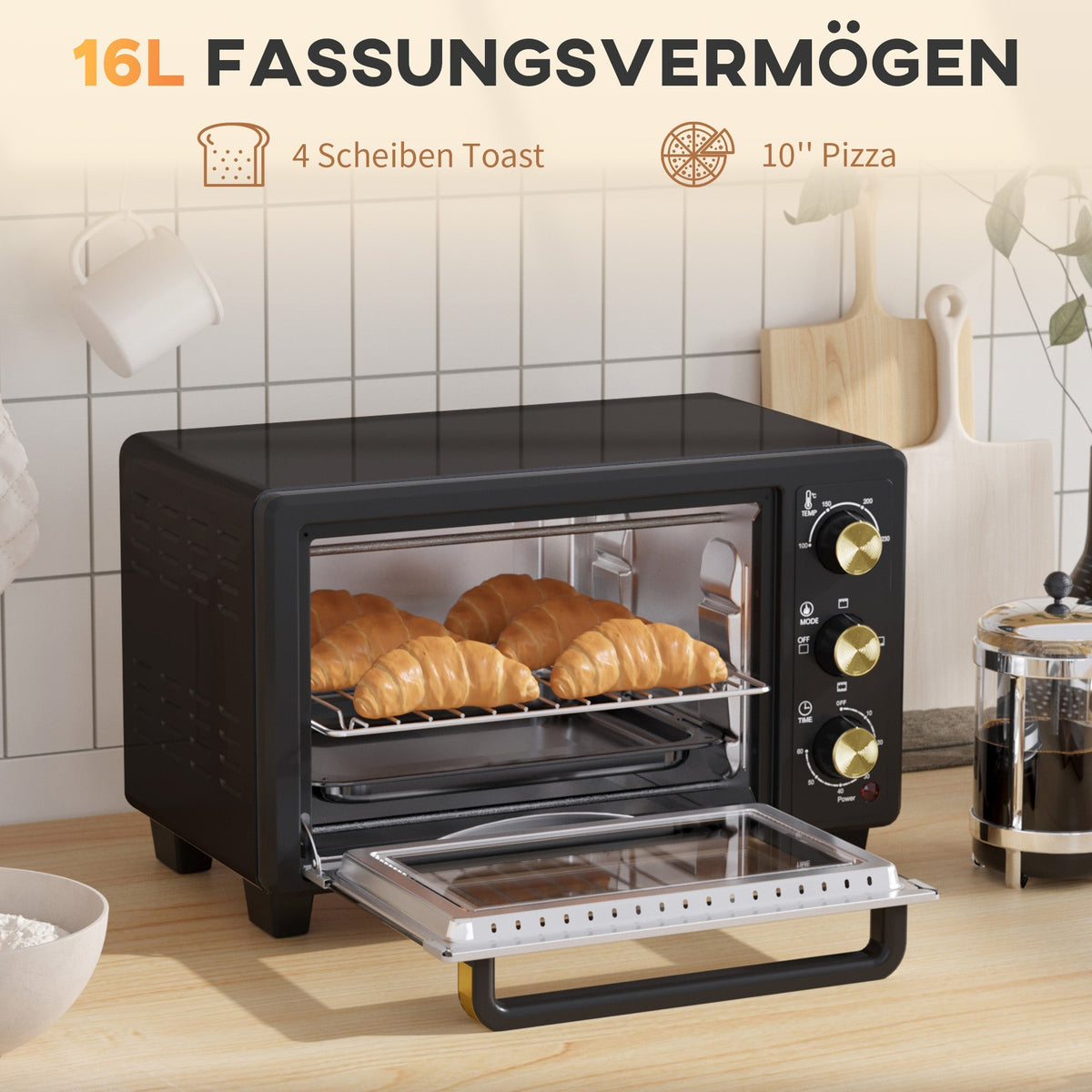 Mini Oven, 16L 1400W 100-230°C Timer, Black