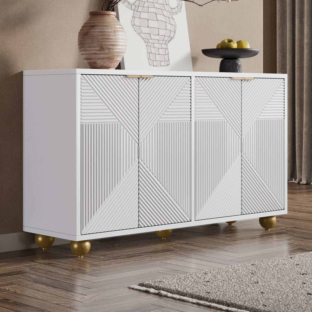 Sideboard with Four Molded Doors and Adjustable Shelves, Wood and Metal