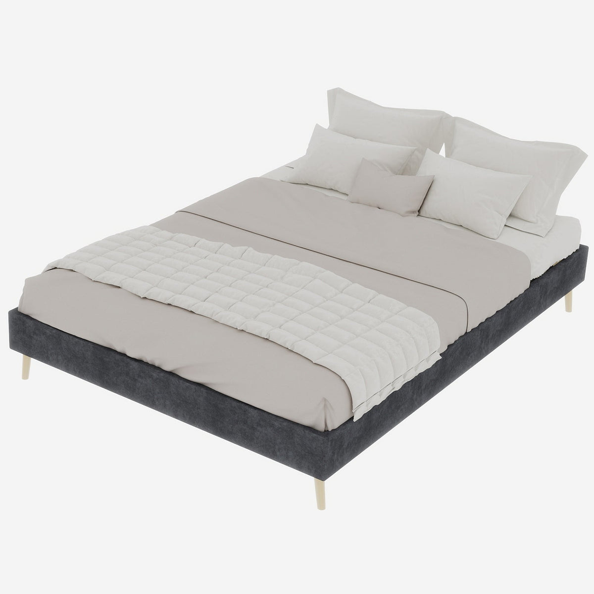 Modern Minimalist Bed Frame, 140x200 cm Low-Profile Base, Dutch Velvet Grey