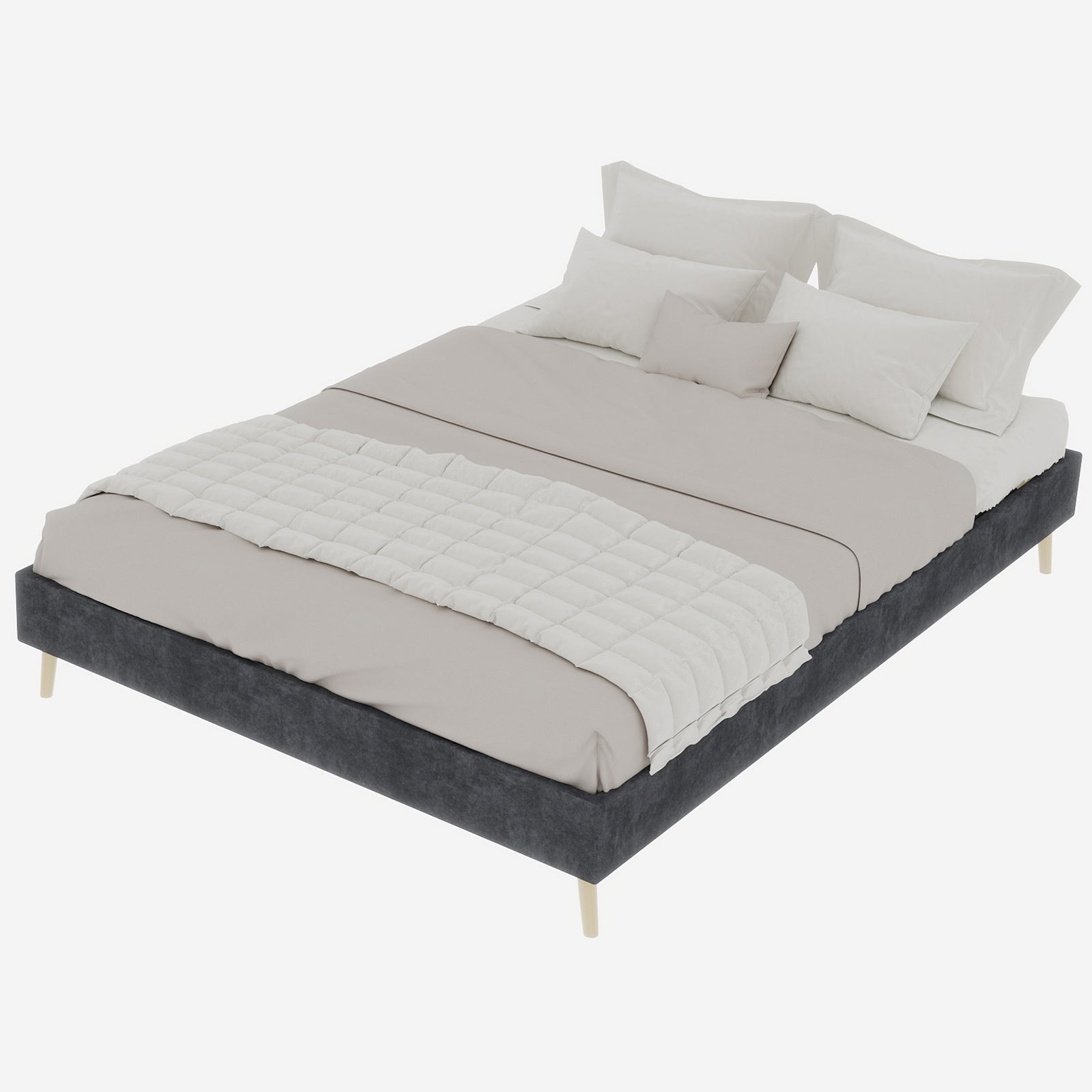Modern Minimalist Bed Frame 140x200cm Low-Profile Base Grey Dutch Velvet